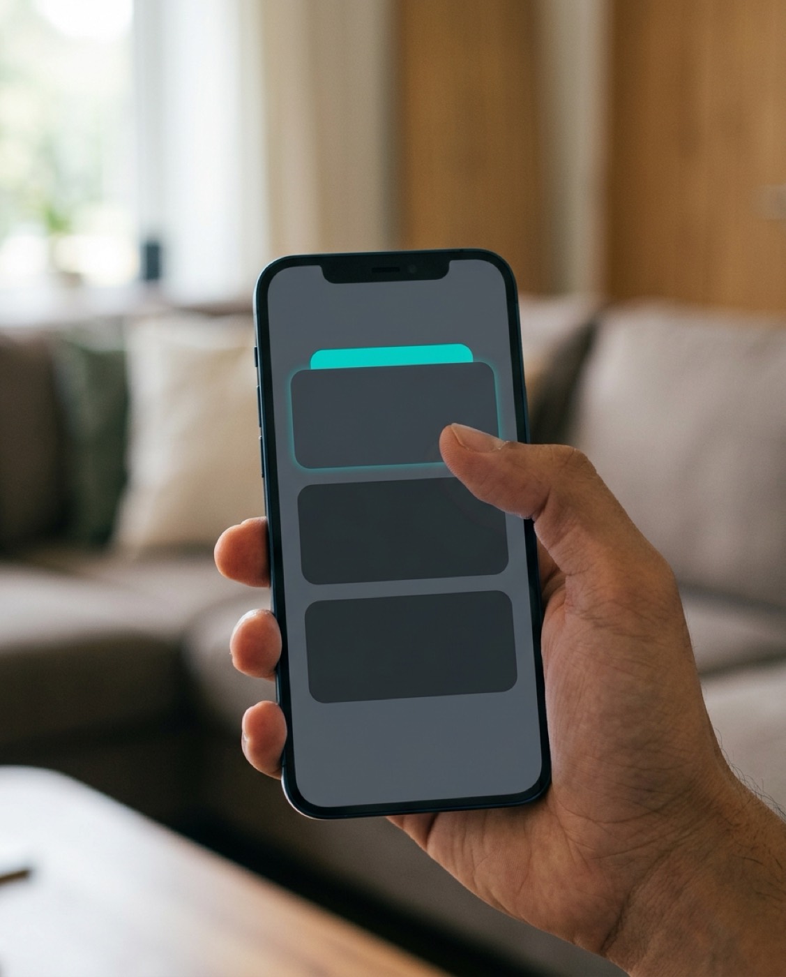A phone held in one hand showing three business cards in an AI answer