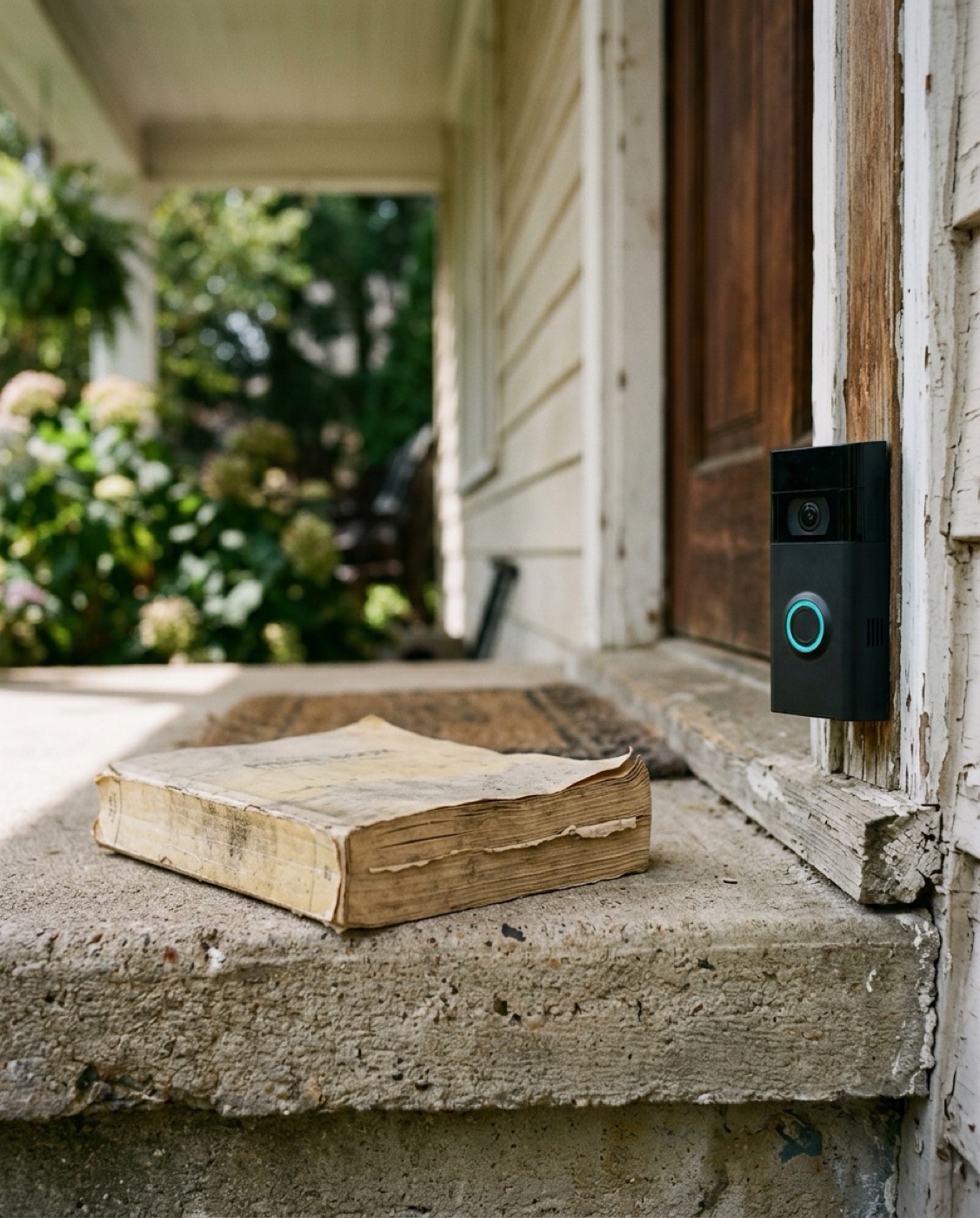 A worn phone book on a porch step beside a smart doorbell