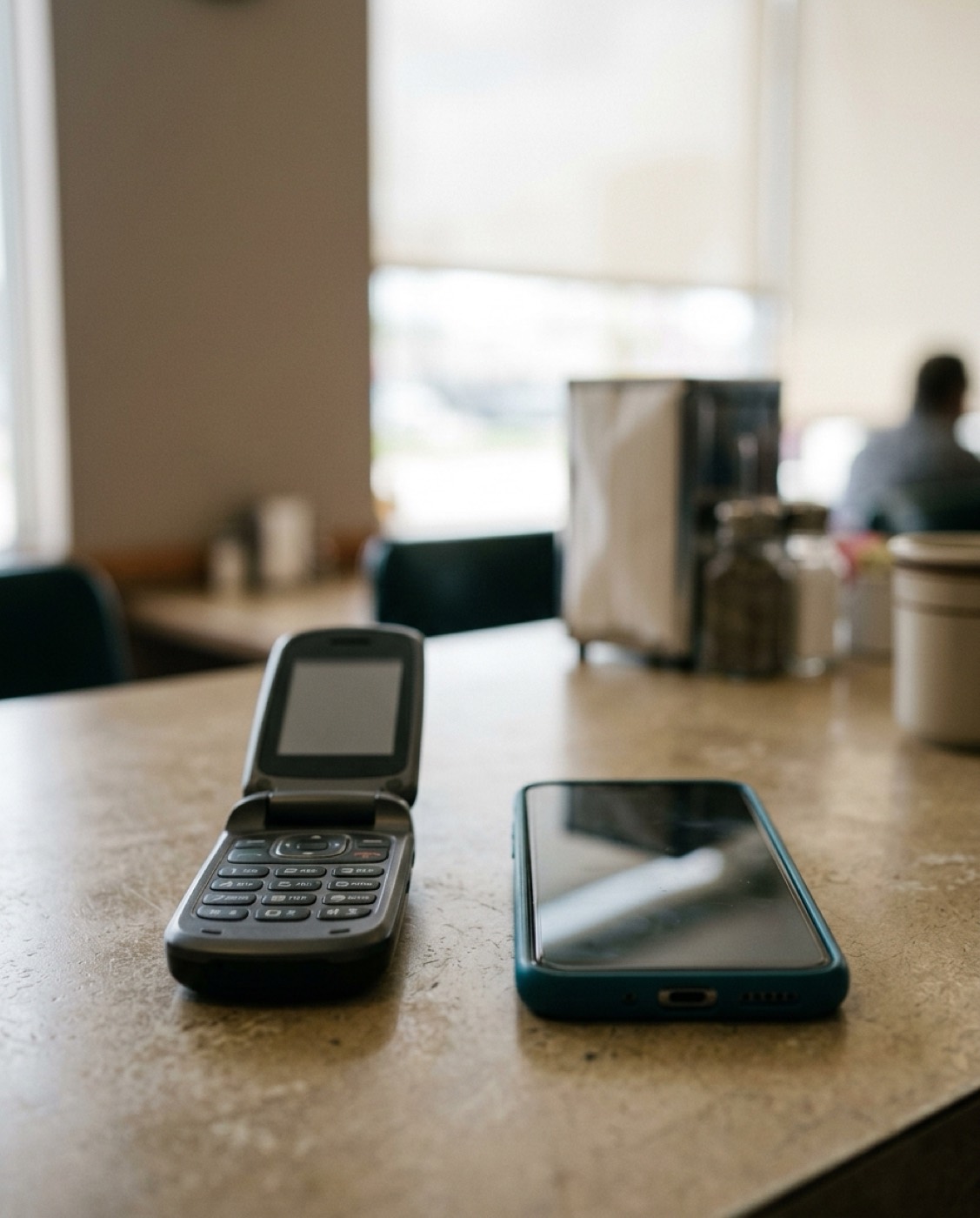 An open flip phone next to a modern smartphone on a diner counter