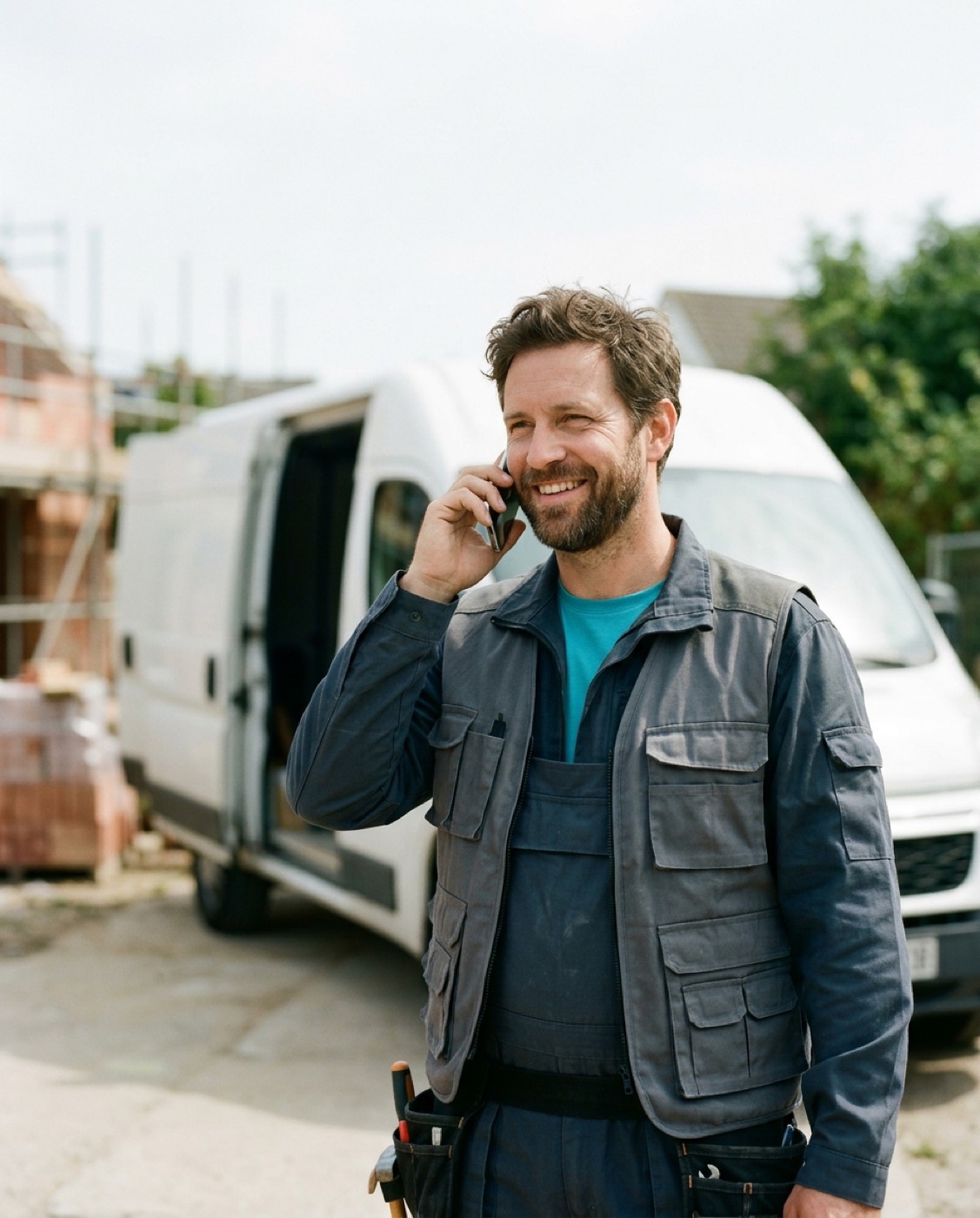 A smiling tradesman on the phone in front of his van