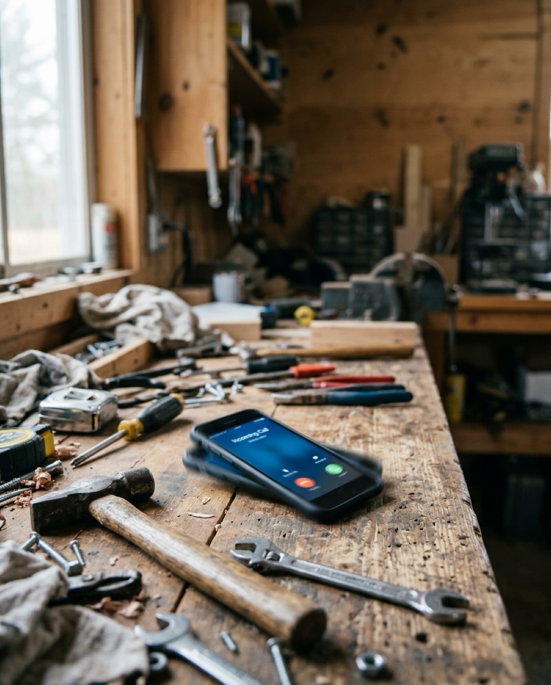A phone ringing with an incoming call on a cluttered workbench