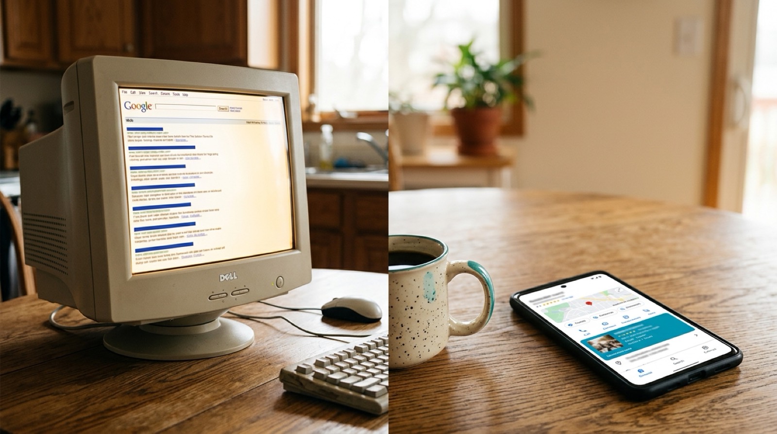 A beige desktop computer showing a page of blue links next to a phone showing a composed AI answer