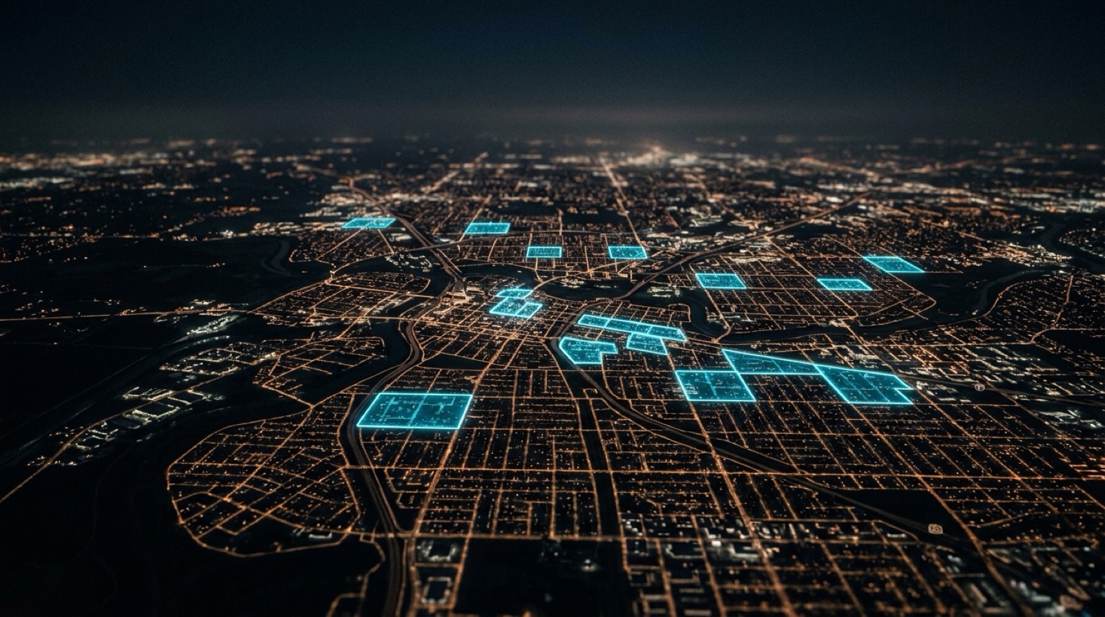 A city grid at night with a handful of blocks lit in blue: the businesses the AI can see